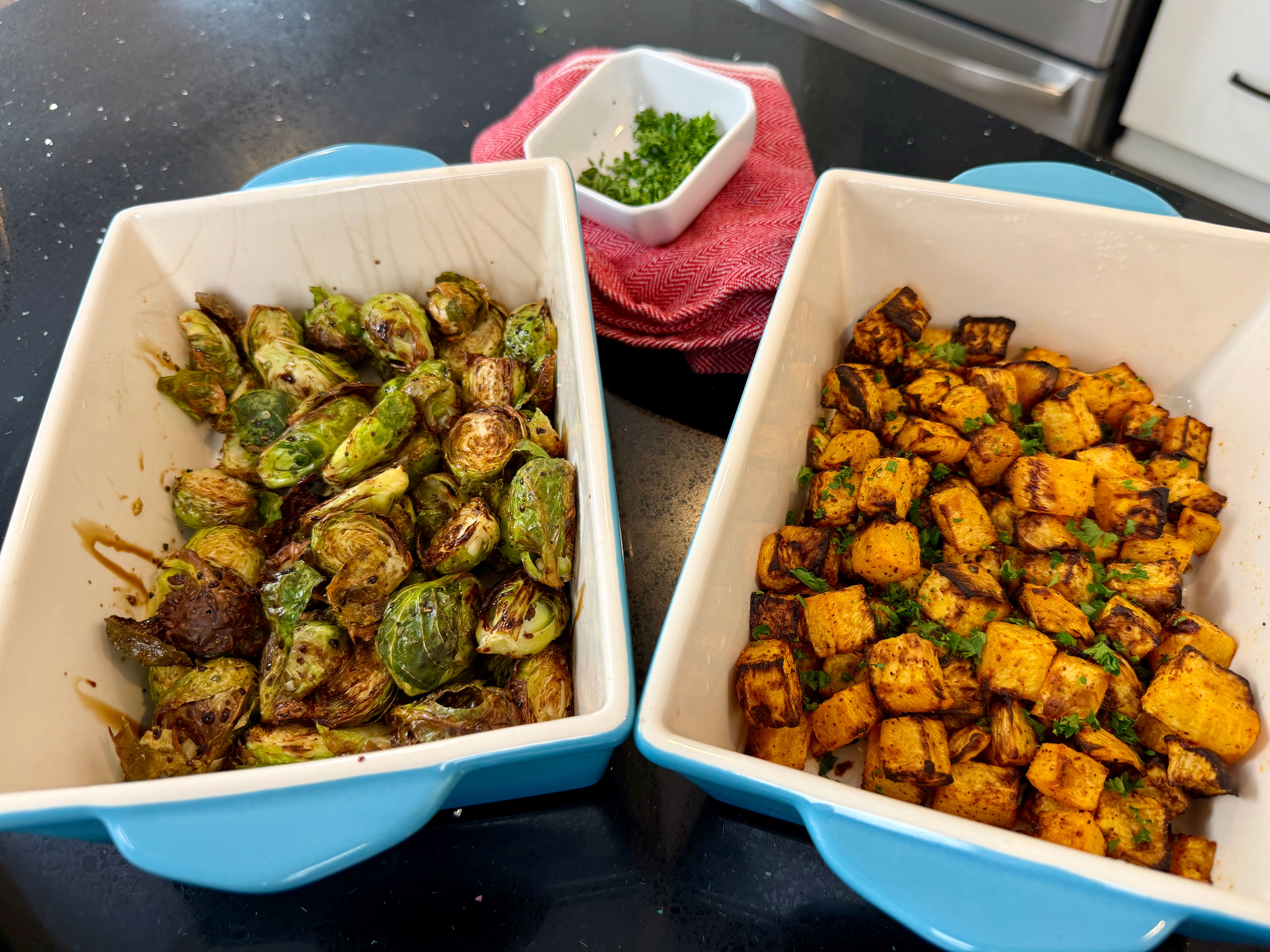 Air-fried rutabaga cubes and Brussels sprouts served as side dishes
