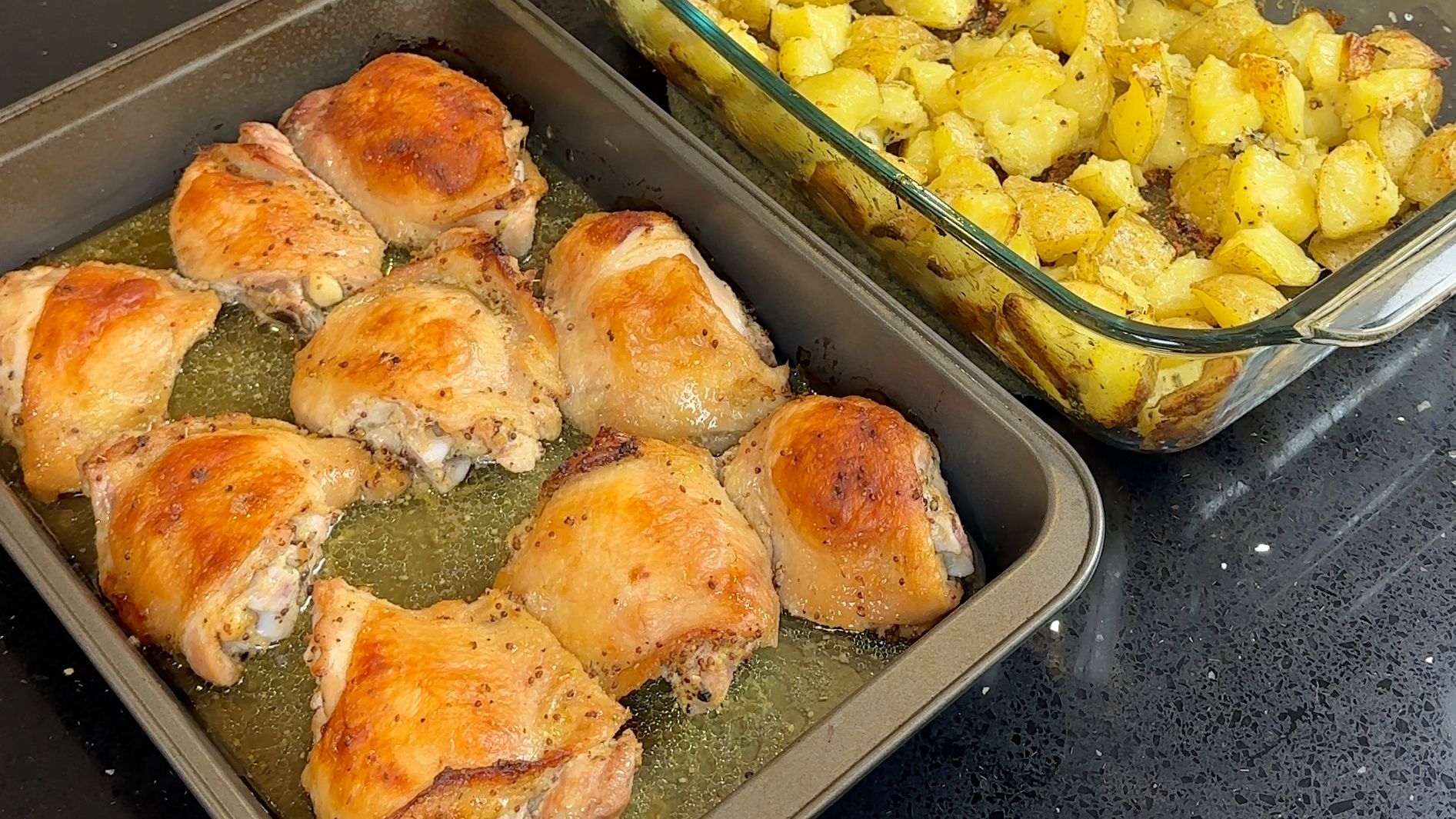 Mustard and oregano roasted chicken thighs with golden skin